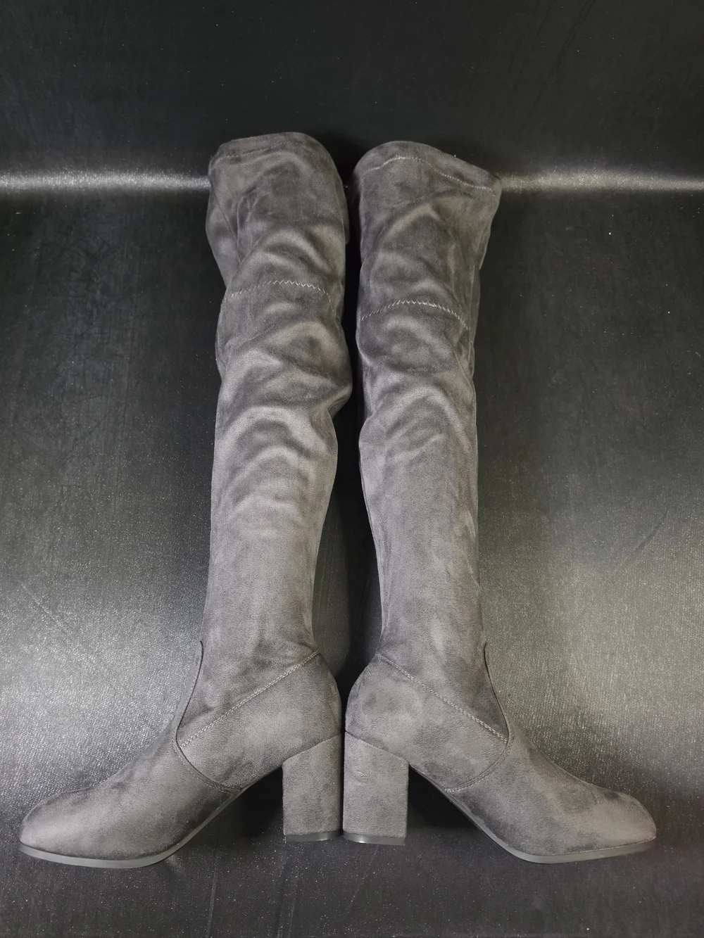 Womens Gray Over The Knee Boots Size 8.5 Block Heel Tie Back Stretch Thigh High